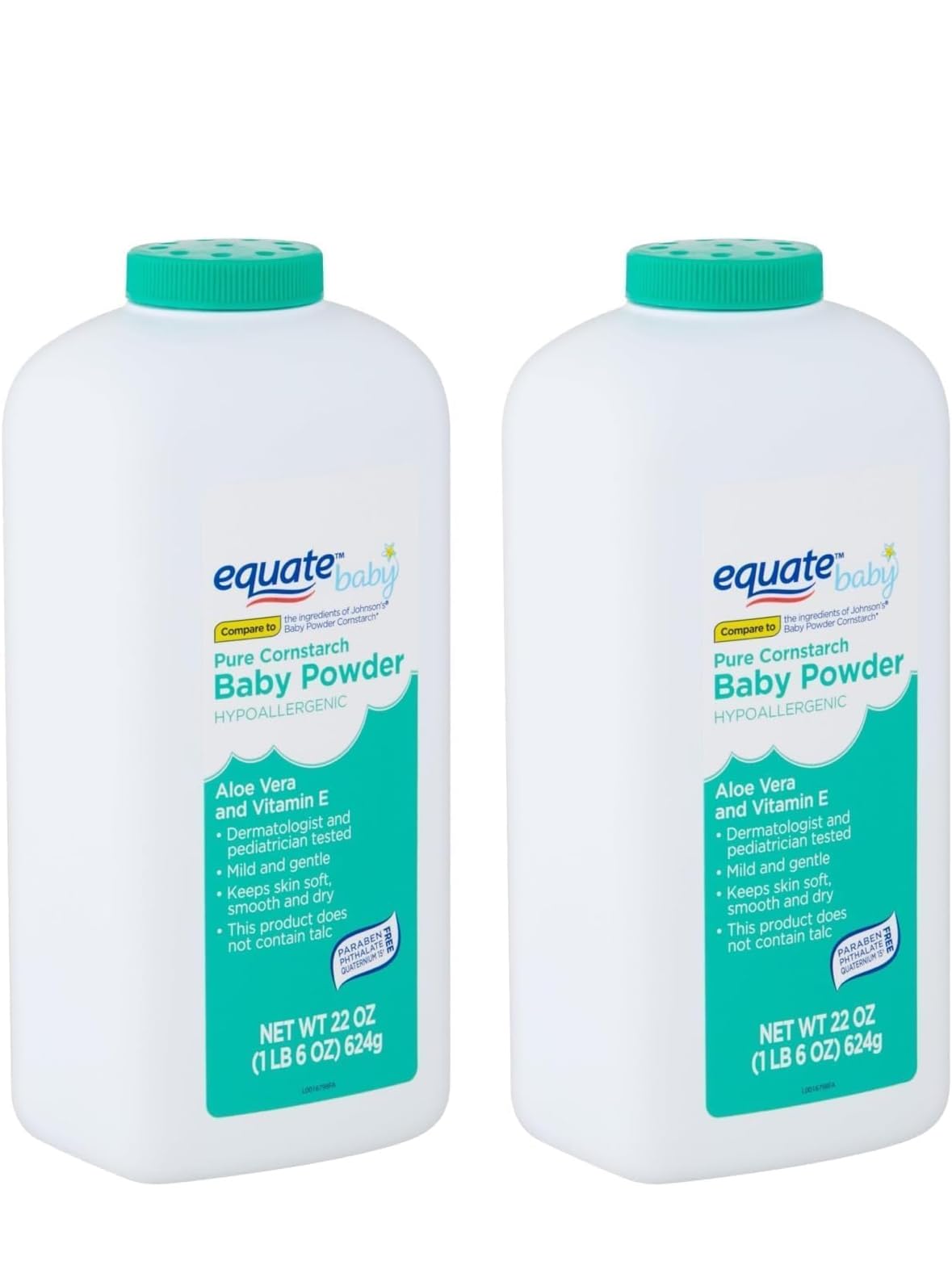 Equate Baby Powder Pure Corn Starch Aloe Vera 22 oz Unscented Hypoallergenic Softens and Soothes Sensitive Skin