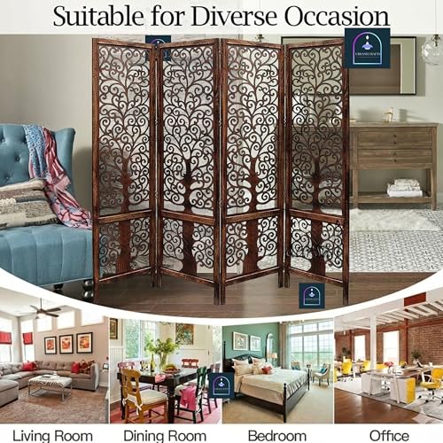 Image of Wooden Room Partition /Screen /Room Divider /Room Separator Traditional Handicrafts 6Ft (Dark Brown) (Tree 4 Panel)