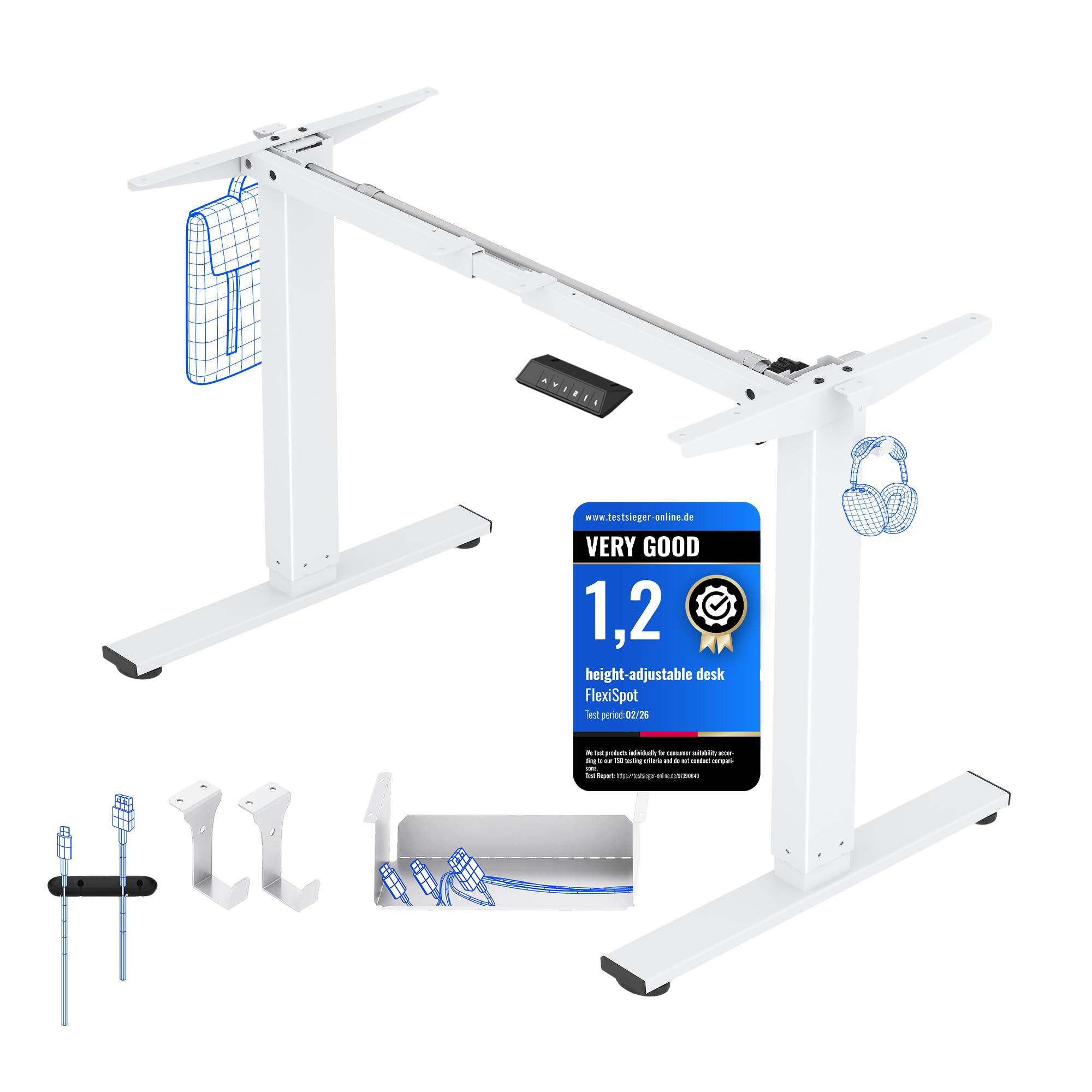 FlexiSpot Höhenverstellbarer Schreibtisch Gestell mit 2 Haken und Höhenmemory-Funktion & LED-Höhenanzeige, Elektrisch höhenverstellbare Tischbeine (Weiß)