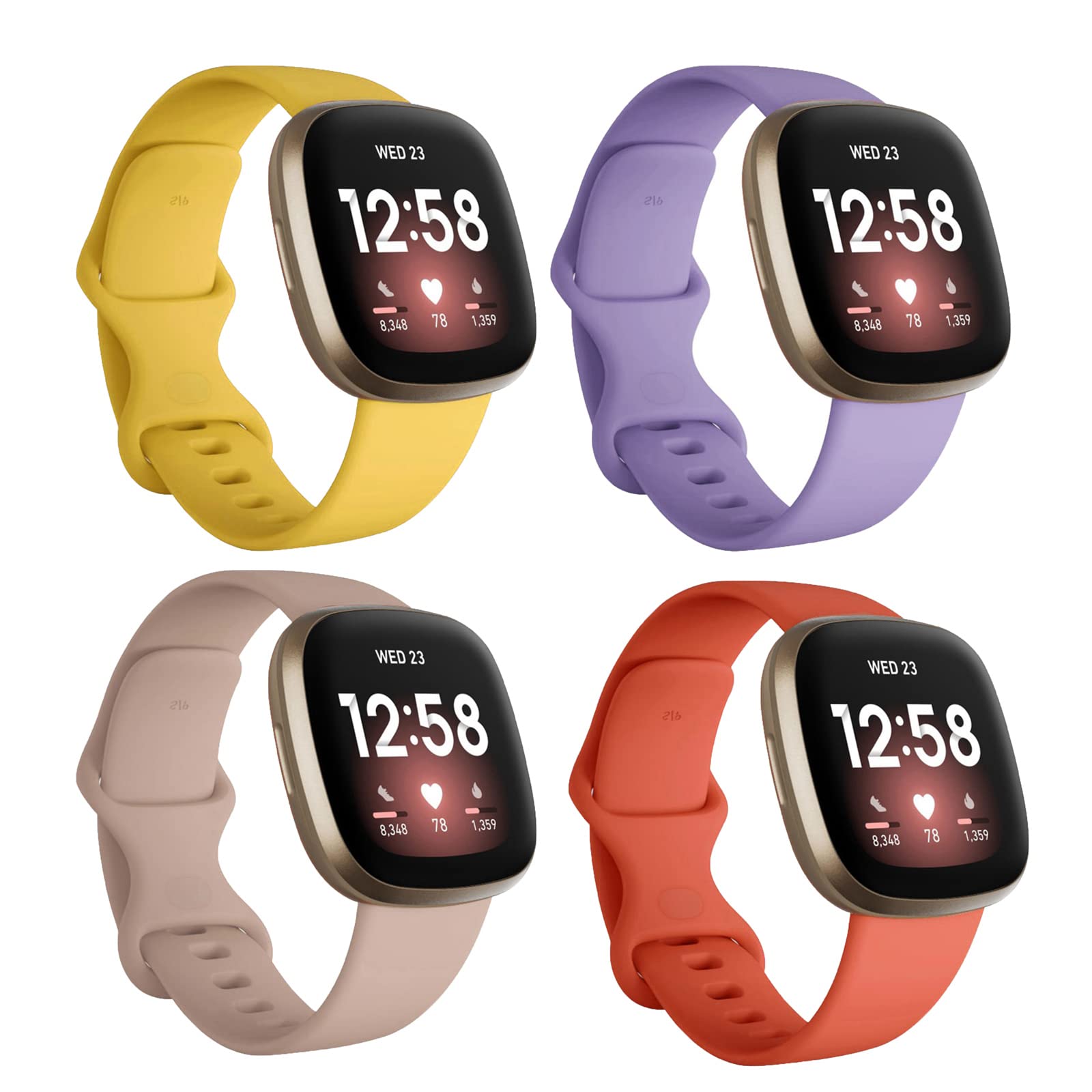 Seleek Replacement Bands Compatible with Fitbit Versa 3,Versa 4,Sense/Sense 2, Silicone Adjustable Classic Accessory Wristband Fitness Straps for Women Men （Small，Yellow/Laberder/Coupler pink/Orange）