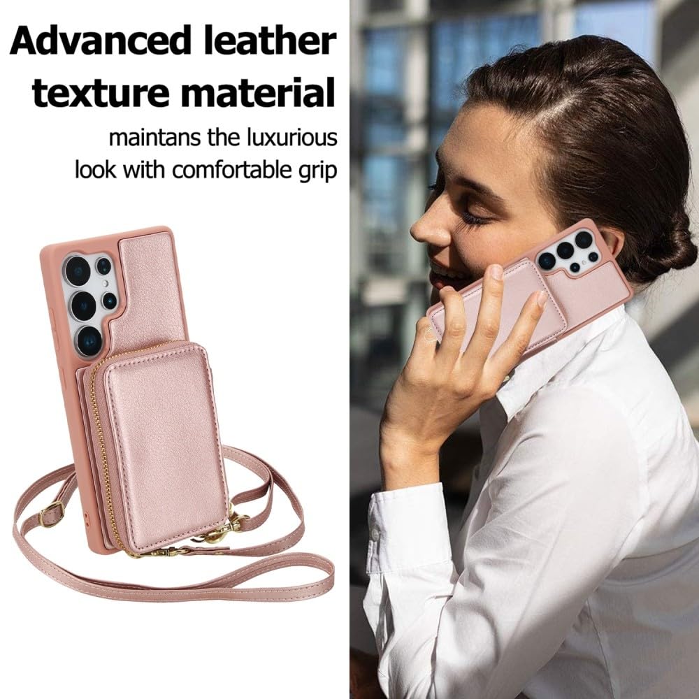 Generic Funda compatible con Samsung Galaxy A55 5G (color: albaricoque), correa cruzada, cierre de cremallera, funda de piel con tapa trasera