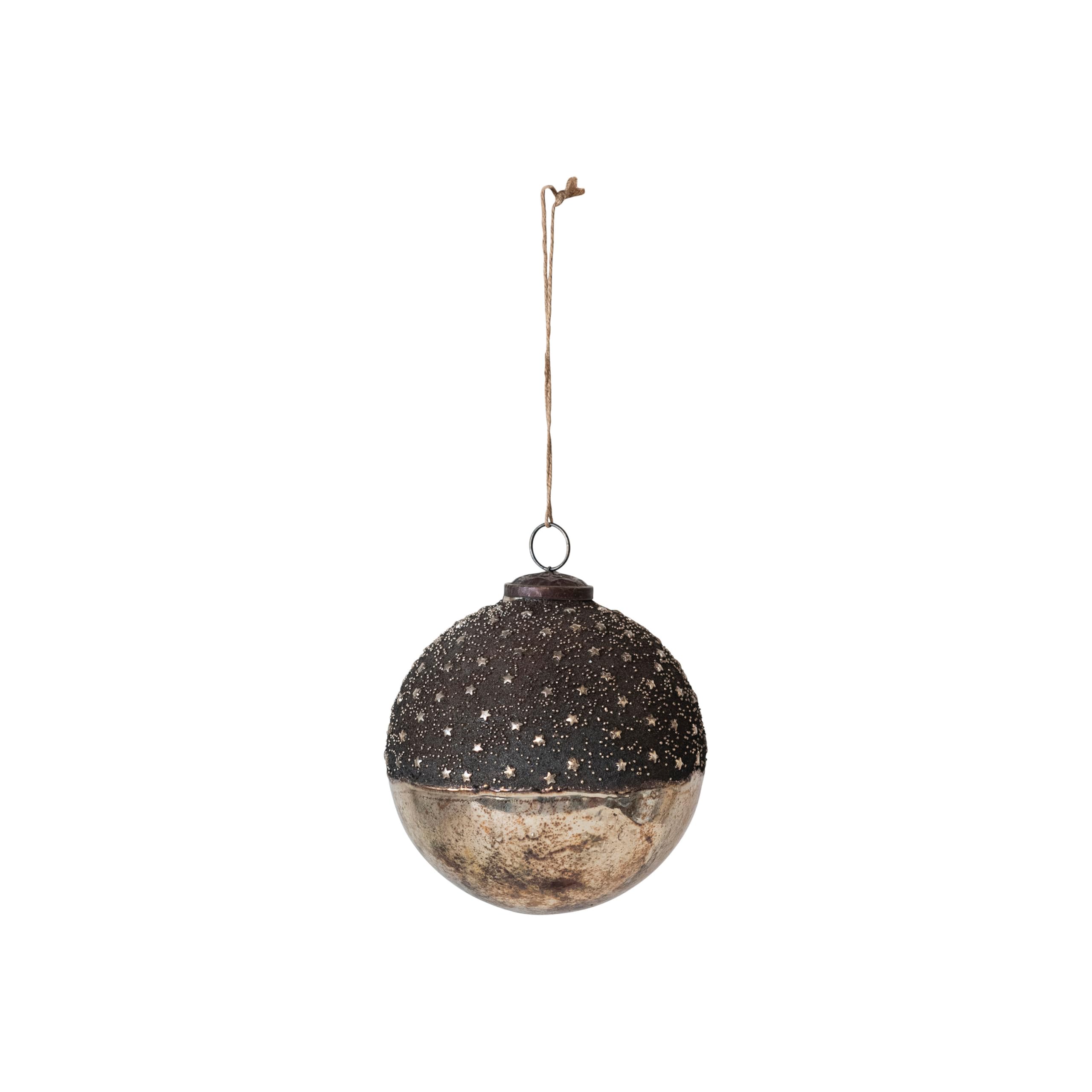 Creative Co-Op Round Mercury Glass Ball Ornament with Stars, Dipped Bronze and Silver Finish