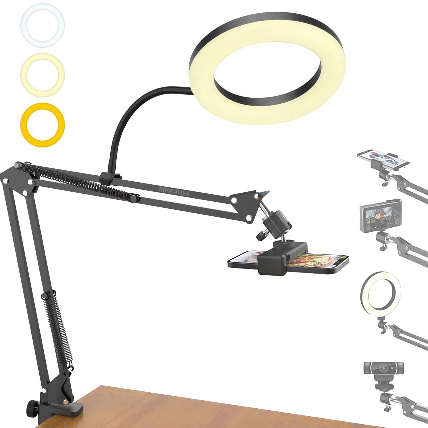 BROLAVIYA Overhead Video Mobile Stand with 10inch Ring Light, Metal Arm,1/4" Ball Head for Camera,Gopro,with Mobile Bracket and Flexible Clip Arm