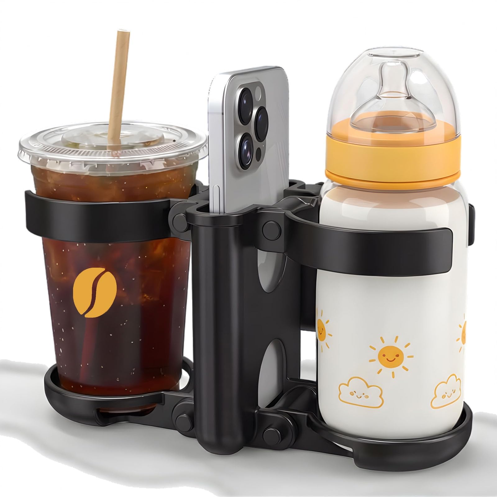 3-in-1 Universal Pram Cup Holder with Phone Holder, 360° Foldable Clip-On