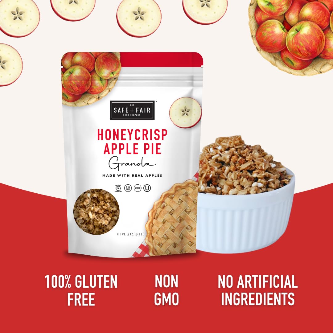 Safe + Fair Honeycrisp Apple Pie Granola - Glutenfrei, Milchfrei und Vegan Frühstück, Snack oder Dessert - Frei von Top 9 Allergenen, Transfett und künstlichen Zutaten - GVO, 340 ml, 6 Stück
