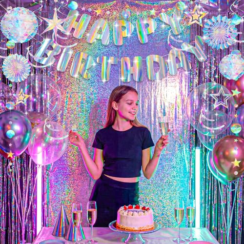 Image of Knitgrip 23 Pcs Pre-strung Iridescent Birthday Decorations Aurora Holographic Party Decor with Hanging Honeycomb Ball Paper Fan Star Garlands Swirl Decorations for Wedding Party Home