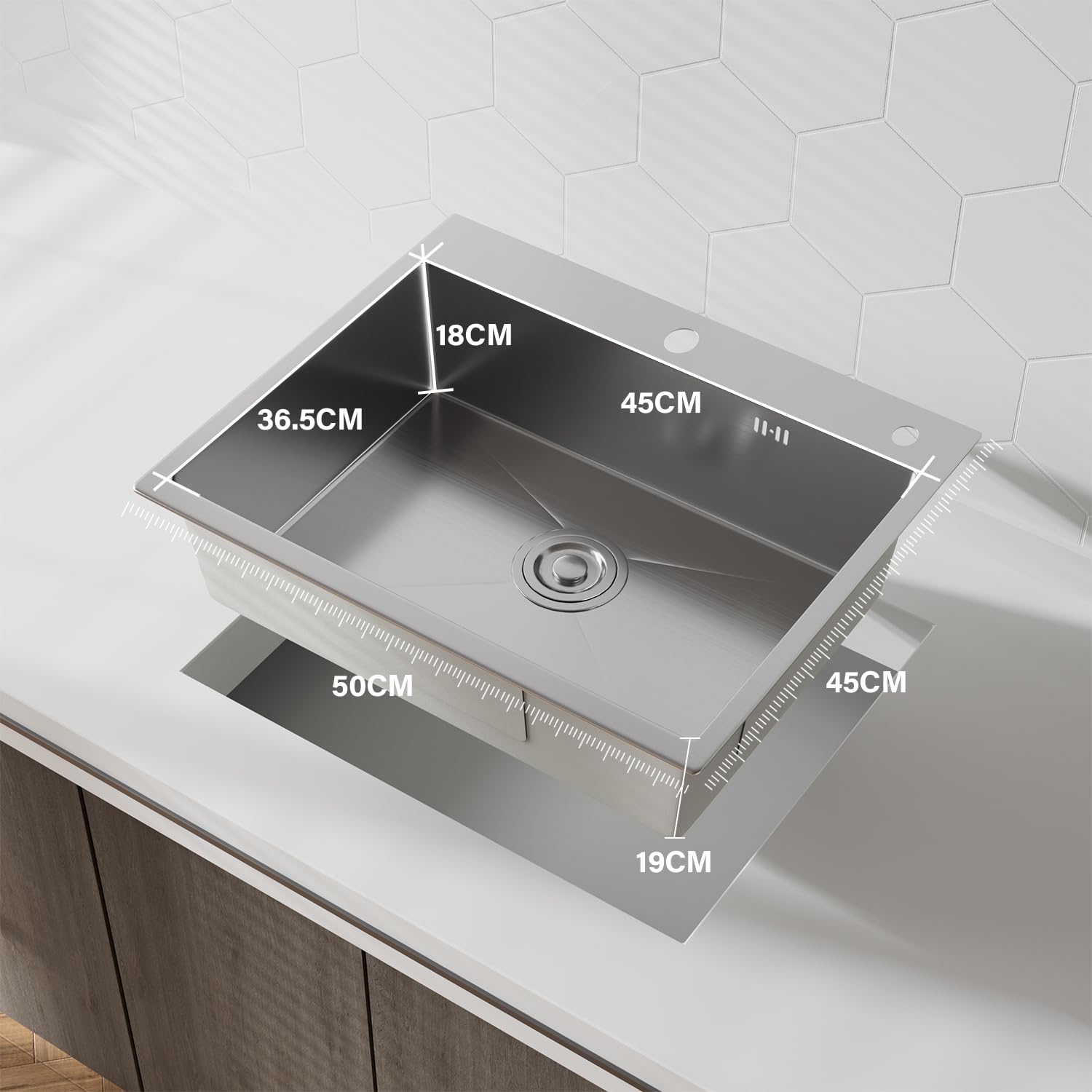 Fregadero Cocina 50x45 cm, STANEW Fregadero Cocina 1 Seno,Fregadero Inox con Dispensador de Jabón y Sifón，Sobre Encimera,Adecuado para Cocinas Pequeñas y Autocaravanas.