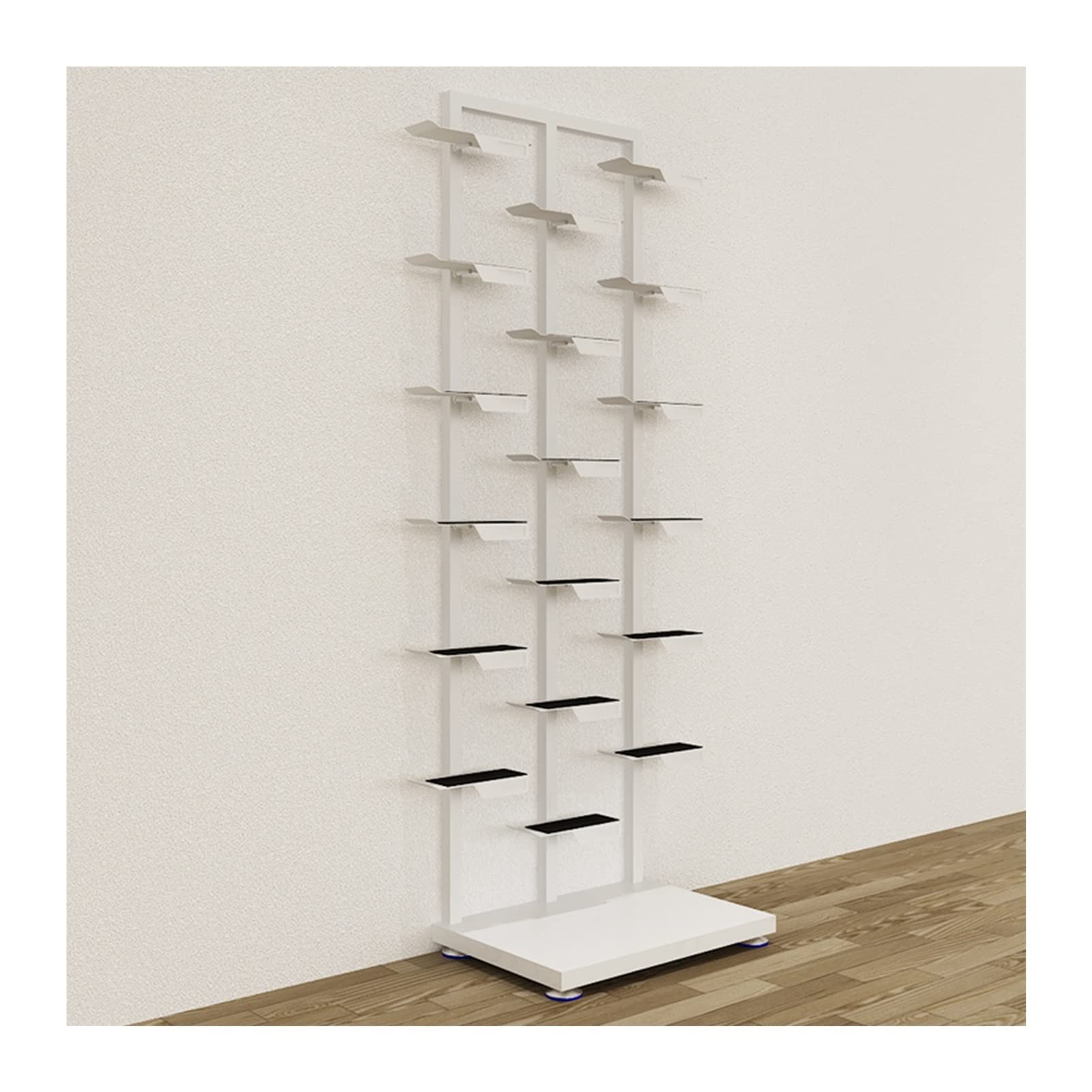 DETMOL Shoe rack display stand for modern sneakers and basketball shoes, freestanding, with storage compartments and clothes hangers (White 65x3)