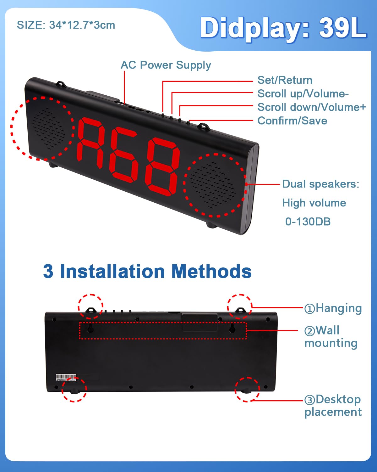 Sistema de Llamada inalámbrico, Buscapersonas Llamadas de Larga Distancia, Timbre para Negocios, Carcasa de Aleación de Aluminio (Pantalla + Teclado) - 39L49T
