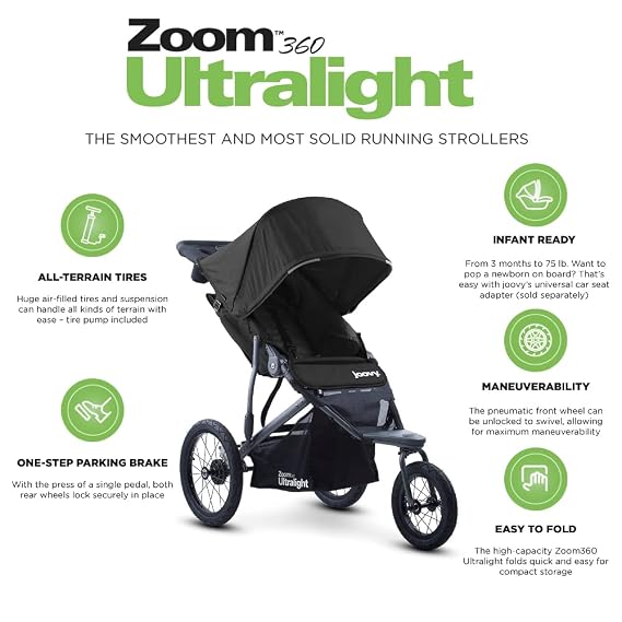 Joovy Zoom360 Ultralight Jogging Stroller Featuring High Child Seat, Shock-Absorbing Suspension, Extra-Large Air-Filled Tires, Parent Organizer, Air Pump, and Easy One-Hand Fold (Black)