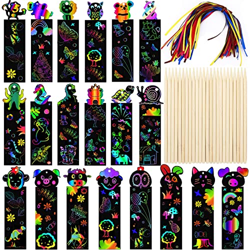 Scratch Art for Kids 48 Pcs Magic Rainbow Bookmarks for Children Scratch Art Party Bag Fillers Animal Craft DIY Scratch Paper Art Tags with Wooden Stylus and Ribbons for Classroom Birthday Gifts