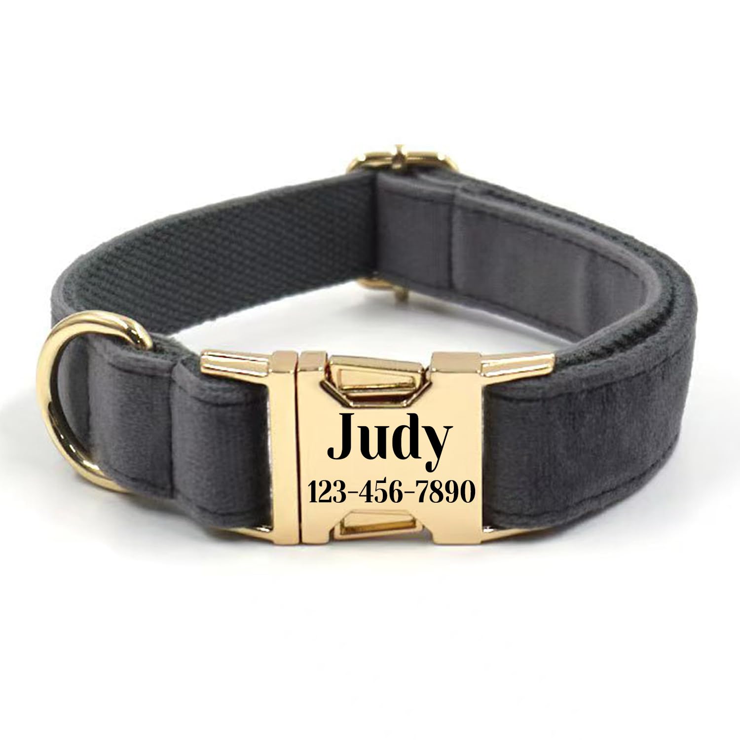 Personalized Soft Dog Collar, Laser Engraved Metal Buckle Dog Tag, Adjustable Through D-Ring, and Colors(Grey, S)