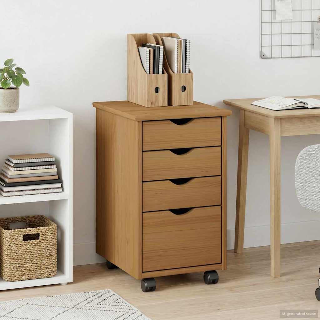 Rollschrank Moss Honigbraun aus massivem Kiefernholz 34 x 39 x 56 cm mit 4 Schubladen und Rollen vielseitiger Mehrzweckschrank für Büro, Wohnzimmer, Flur mit Stauraum und Ordnung