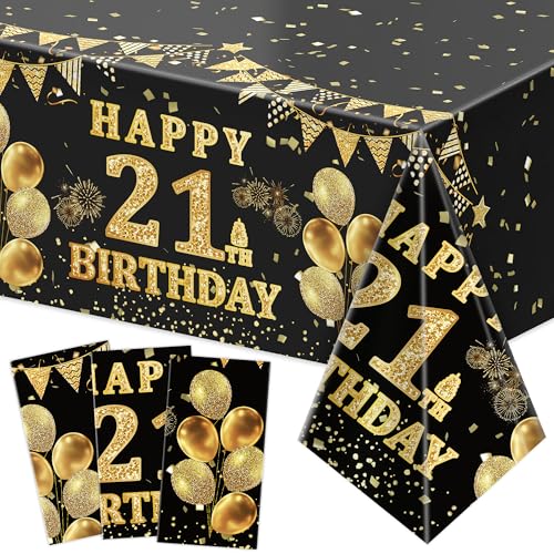 Image of Labeol 3 Pack 21st Birthday Tablecloth, Black and Gold Happy 21st Birthday Decorations, Disposable Plastic Rectangular Table Cover Party Supplies for Boys Girls