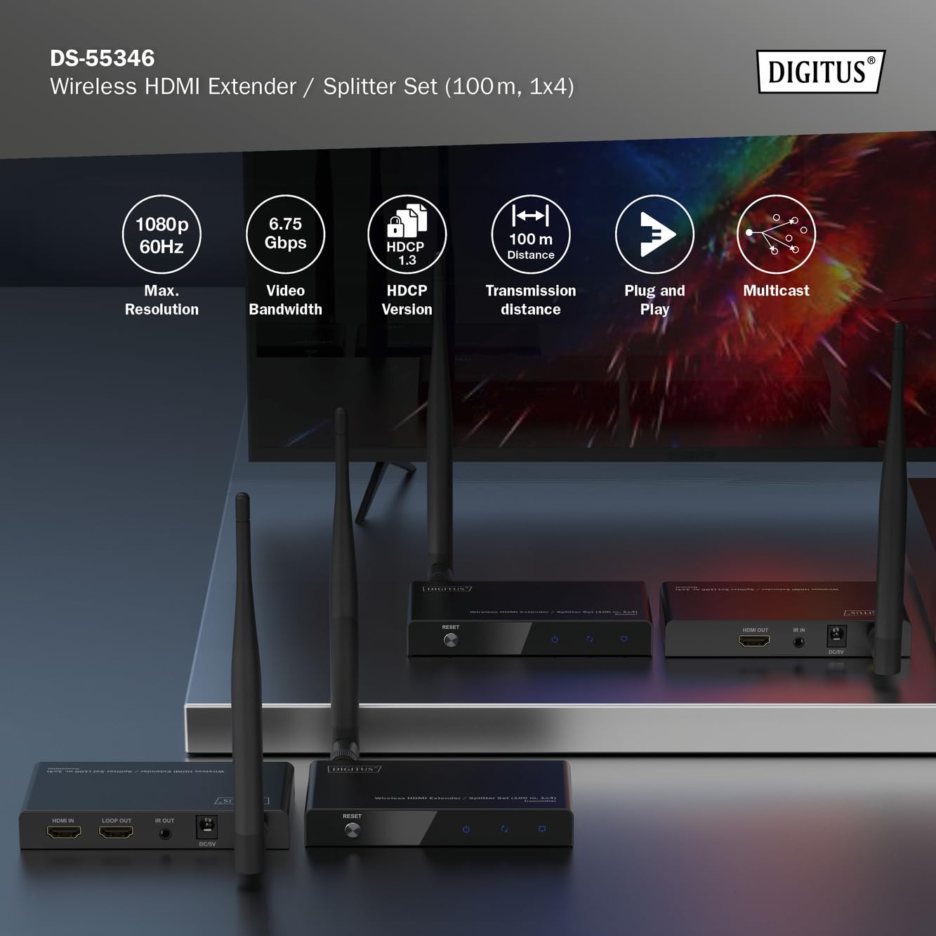 DIGITUS Wireless HDMI Extender Splitter (1x4) – Full HD 1080p 60 Hz | 100 m Reichweite – Set aus Transmitter und Receiver – Loop-Out, IR Infrarot – HDMI 1.4 HDCP 1.3