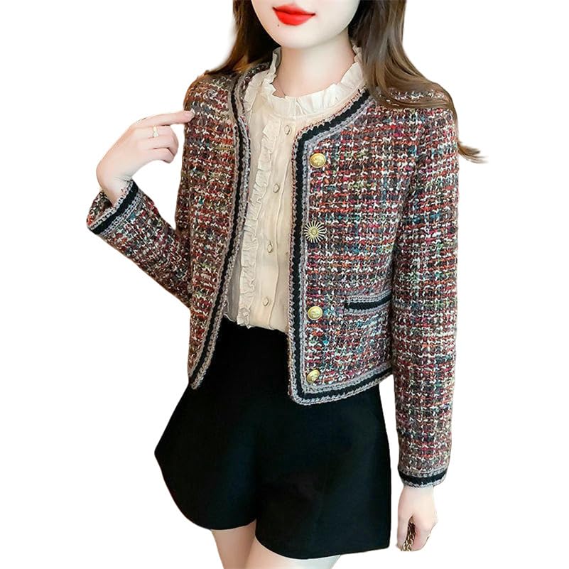 JYHBHMZG Womens French Style Elegant Retro Round Neck Tweed Jacket Autumn Outerwear