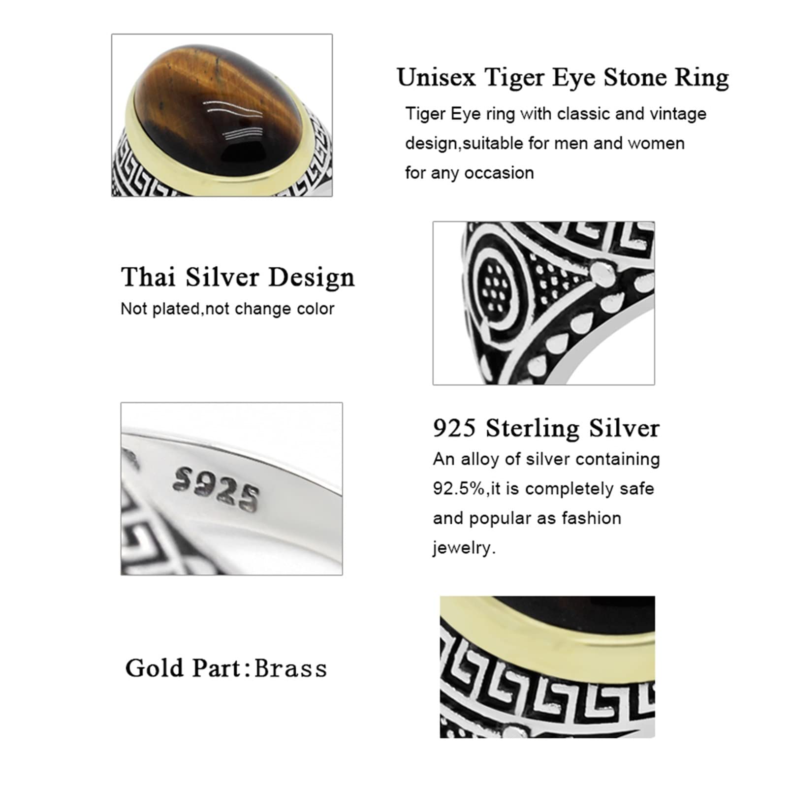 HMJGDHX Herrenringe, antiker Vintage-Ring mit natürlichem Tigerauge-Stein für Männer, großer ovaler Steinring aus 925er Silber für Männer, feiner Silberschmuck aus der Türkei