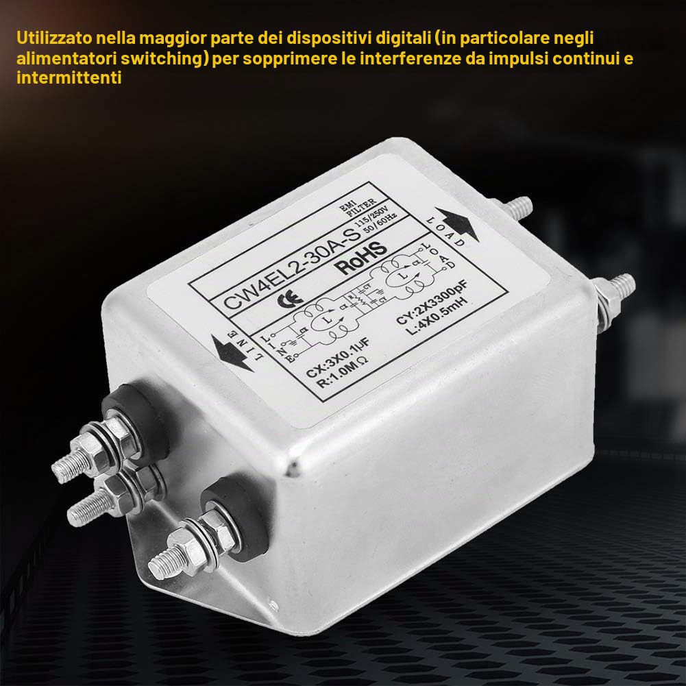 Tyenaza Filtro di rete Antidisturbo, 230V Filtro di rete, CW4EL2-30 A-S, Filtro di rete Monofase, Filtro di Potenza EMI, 115 V/250 V, 30 A, 50/60 Hz, Filtro Elettromagnetico
