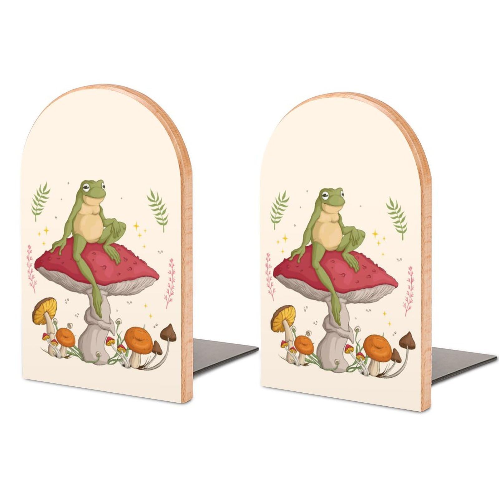 Book Ends Bookends for Shelves to Hold Books Cute Frog with Mushrooms Print Small Non-Slip Book Stoppers Wood Decorative Home Office Desk