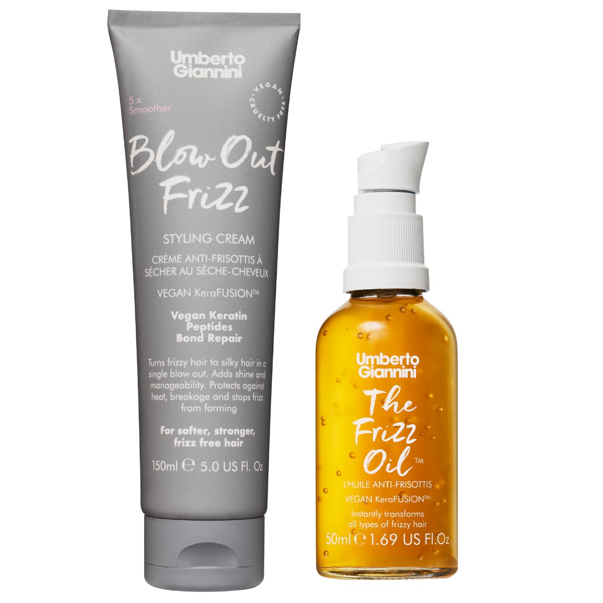 Umberto Giannini Blow Out Frizz Hair Styling Cream 150ml with Heat Protection 230C & The Frizz Oil 50ml - Shine Enhancing Vegan Keratin Bond Repair Hair Oil With Metal Detox Technology