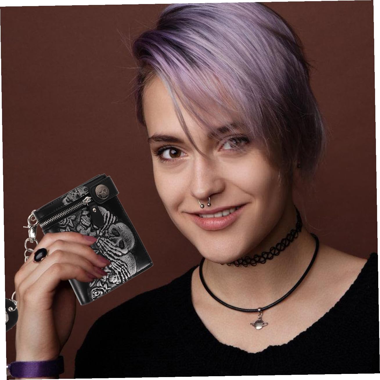 Cartera de Cuero Estilo Punk Cartera con Cadena y Estampado de Esqueleto Gótico para Viajes