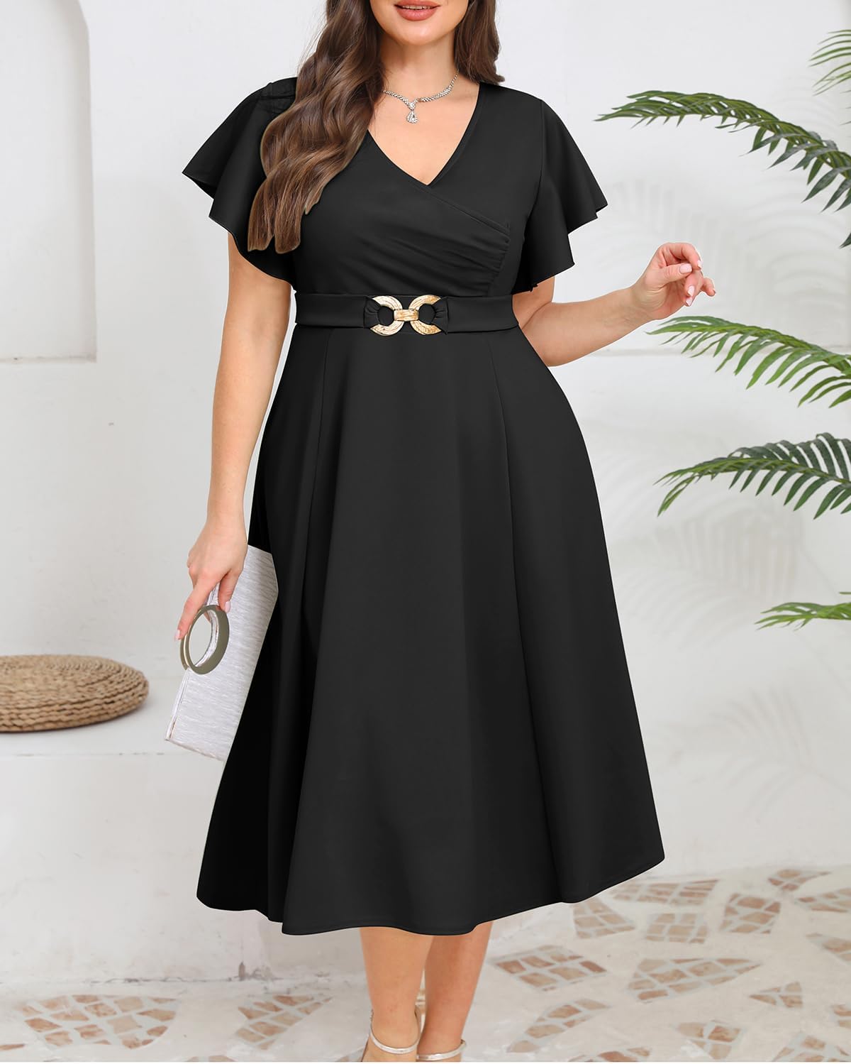 Pinup Fashion Women Plus Size Dresses for Wedding Guest - Cocktail Semi Formal A-Line Midi Dress with Pockets - Image 3