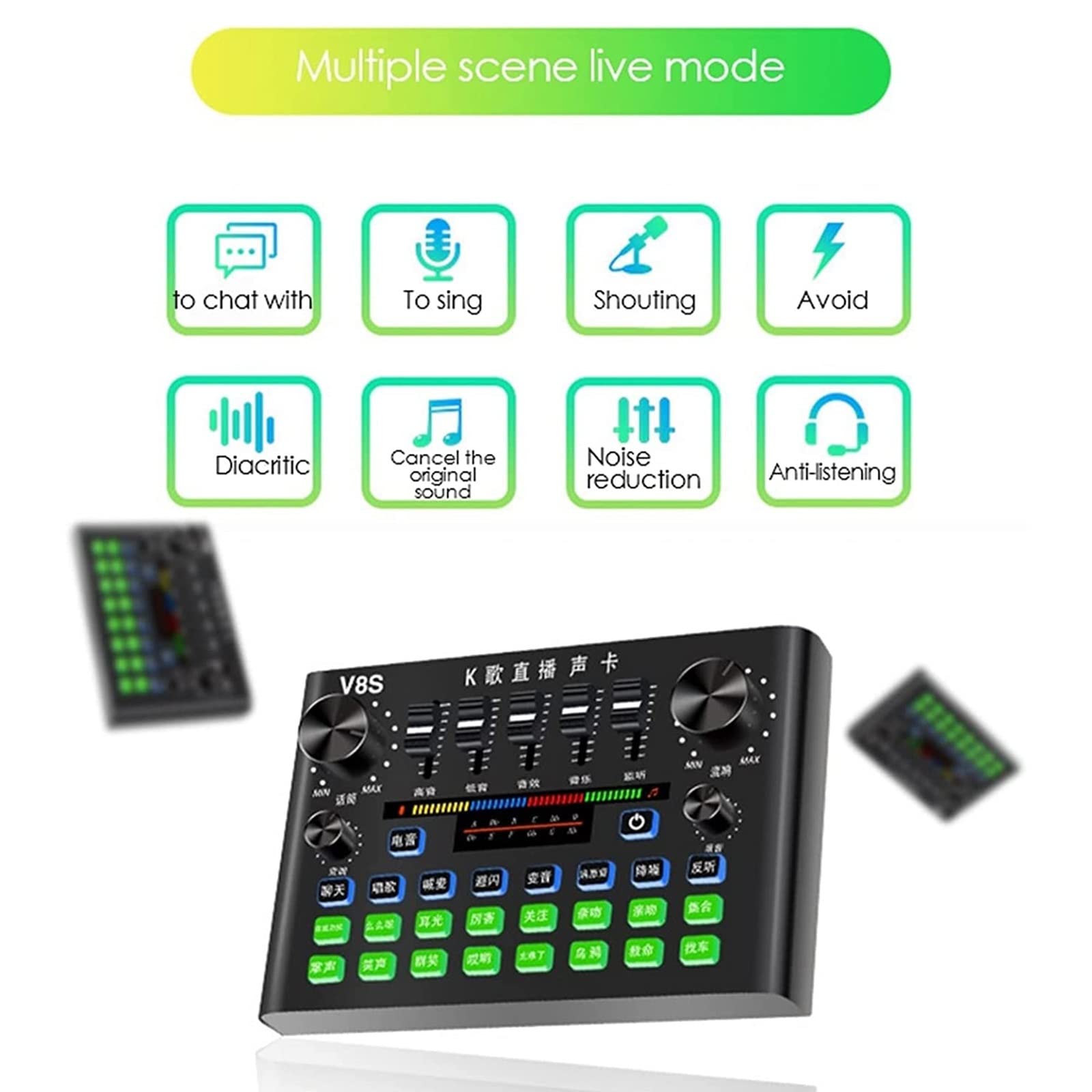 Professioneller Audiomixer, V8S-Telefon-Soundkartensatz Bluetooth-Mikrofon Live-Übertragungsausrüstung Computer Universalmikrofon Voice Changer
