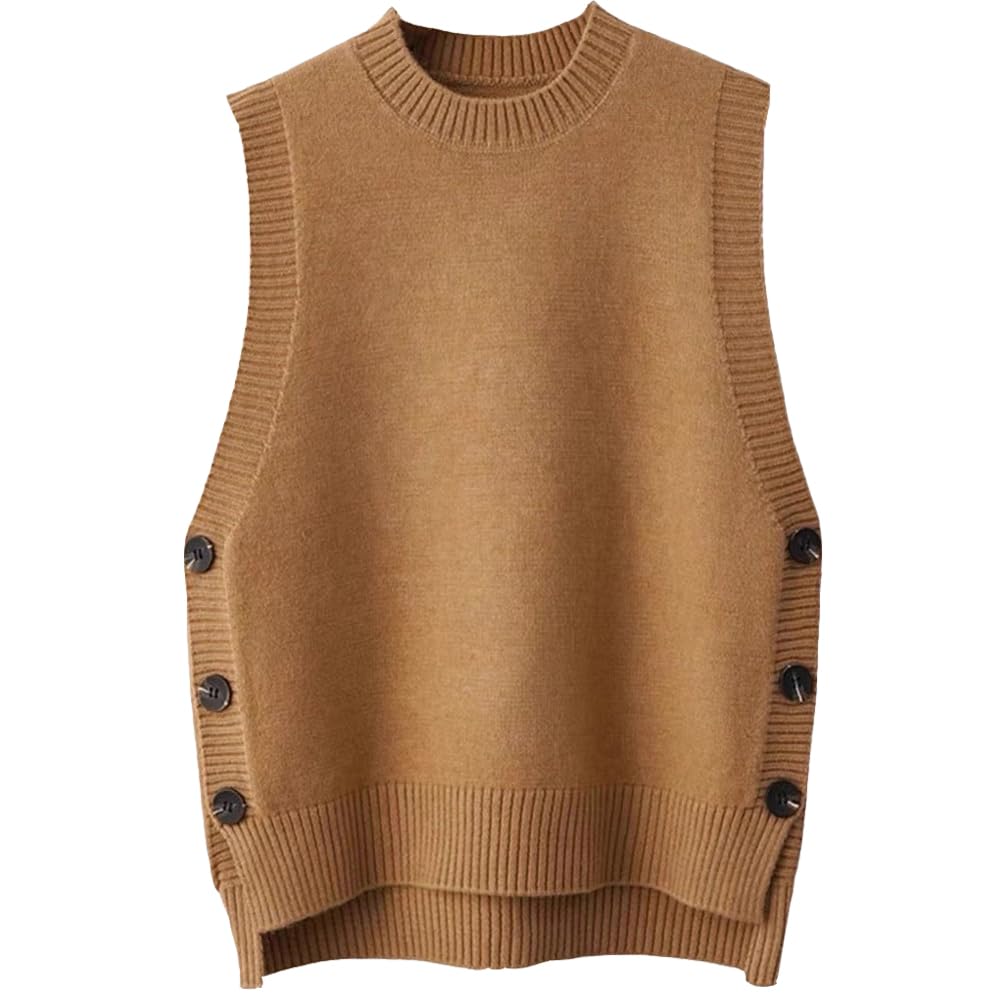 Femme col Rond Pull Gilet Tendance Classique Haut Bas Ourlet côtelé Pull sans Manches