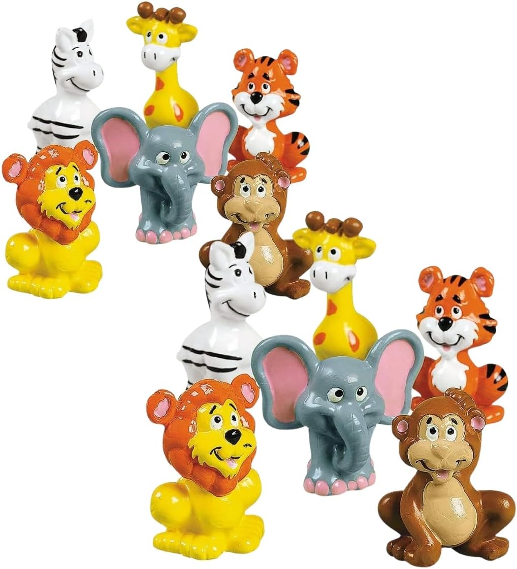 Fun Express Zoo Animal Figure Toys - Includes Zebras Giraffes Tigers Lions Elephants and Monkeys - Set of 12 - Party Favors Giveaways, Cake Toppers and Toys - Vbs Vacation Bible School Supplies/Decor