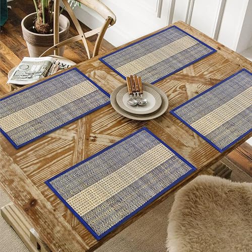Image of Table Mats Set of 4 Handmade Reversible Heat Resistant | River Grass Dining Placemats Zero Plastic | Natural Madurkathi Eco Friendly | Rustic Boho Dcor | Graceful Blue Four Mats