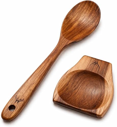 Cuchara de madera de teca de mango largo de 12 pulgadas para cocinar con soporte de cuchara grande de teca, cucharas de madera de primera calidad