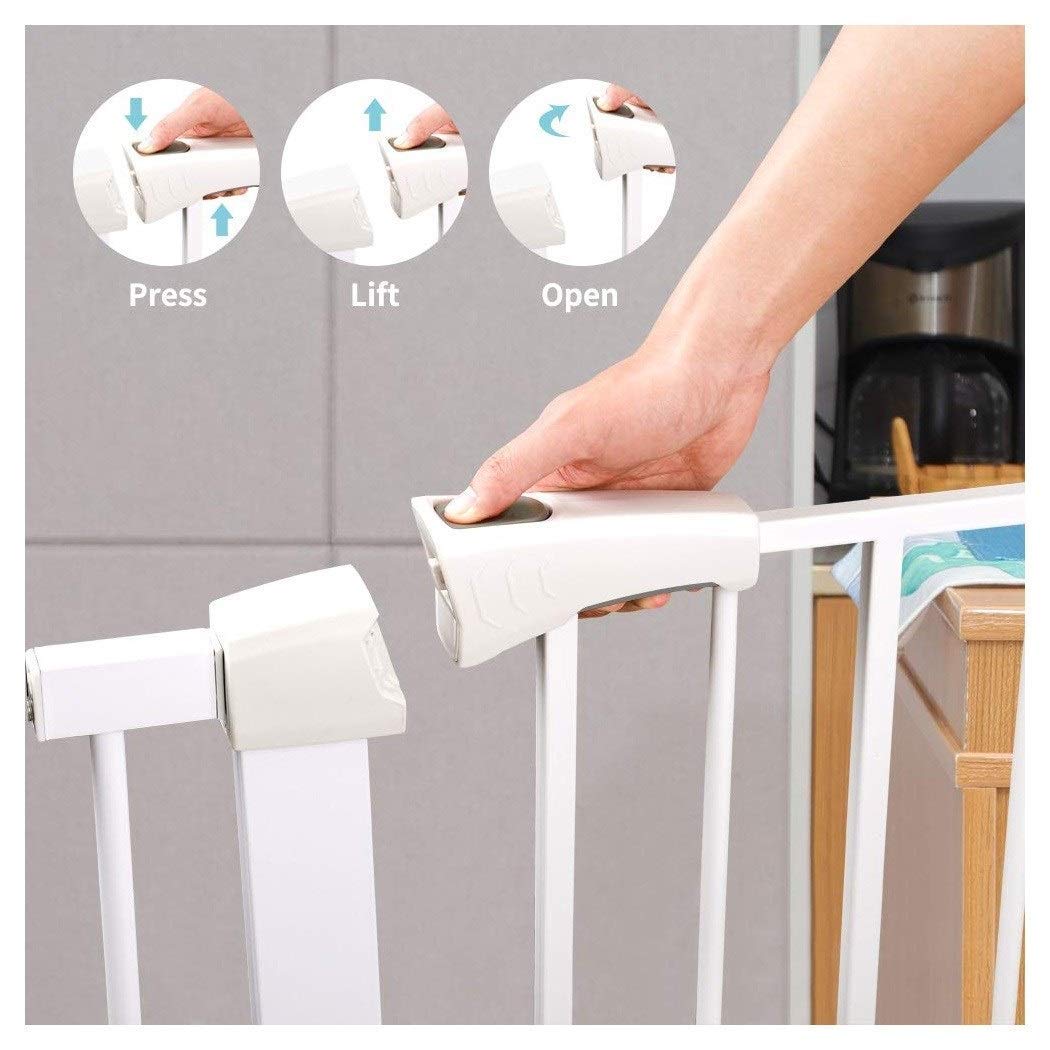 Baby Gate ochrona drzwi przed dziećmi, ochrona przed dziećmi, ochrona przed zwierzętami domowymi, do użytku wewnątrz i na zewnątrz, ochrona przed uderzeniami, podwójny zamek, samozamykający się (kolor: biały, rozmiar: 194-201 cm)