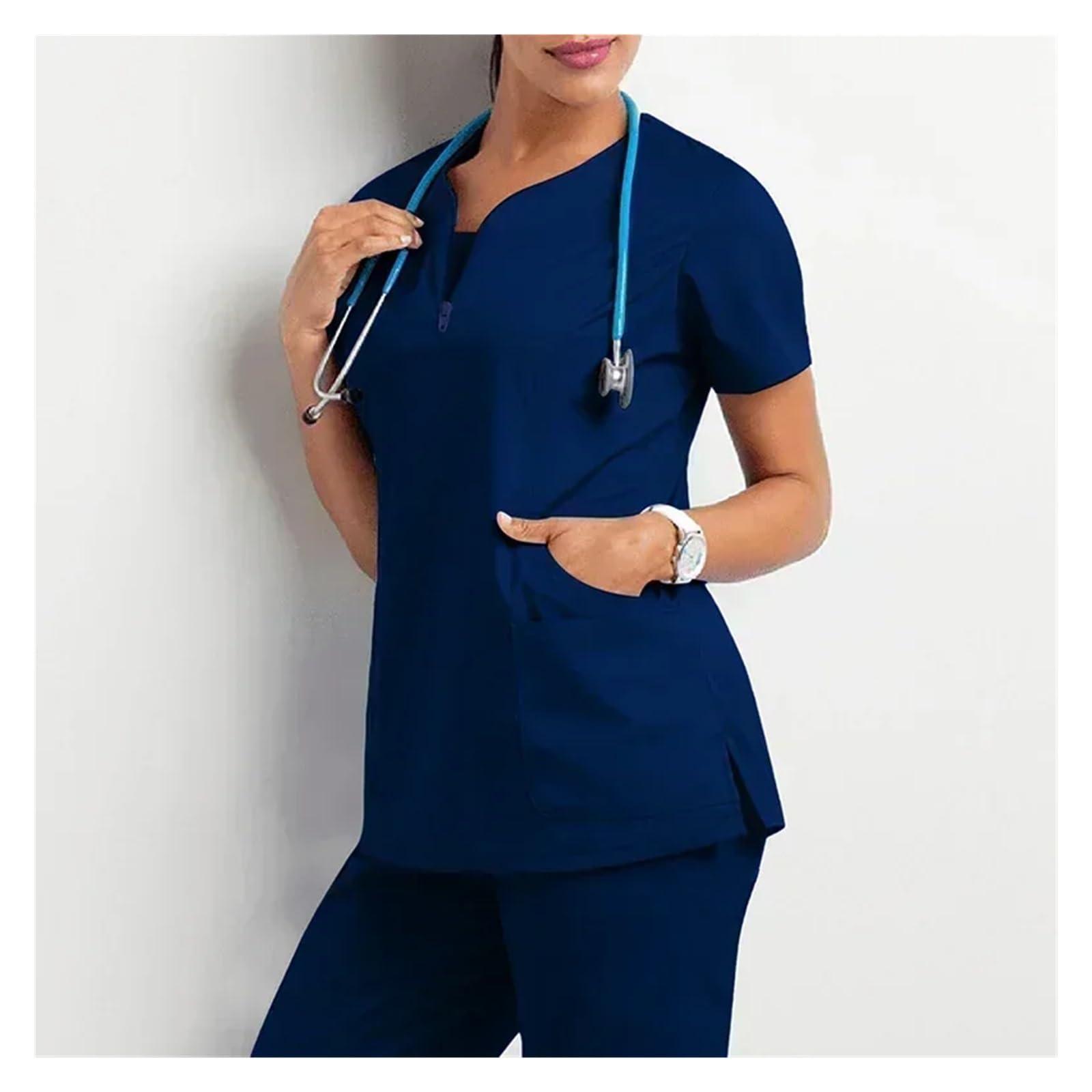 Uniforme Sanitario Mujer Ropa Top Farmacia Trabajo Hospital Doctor Enfermería Uniforme V-Cuello Jogger Enfermera Mujeres Casual Short(Burgundy Set,M(50-60KG))