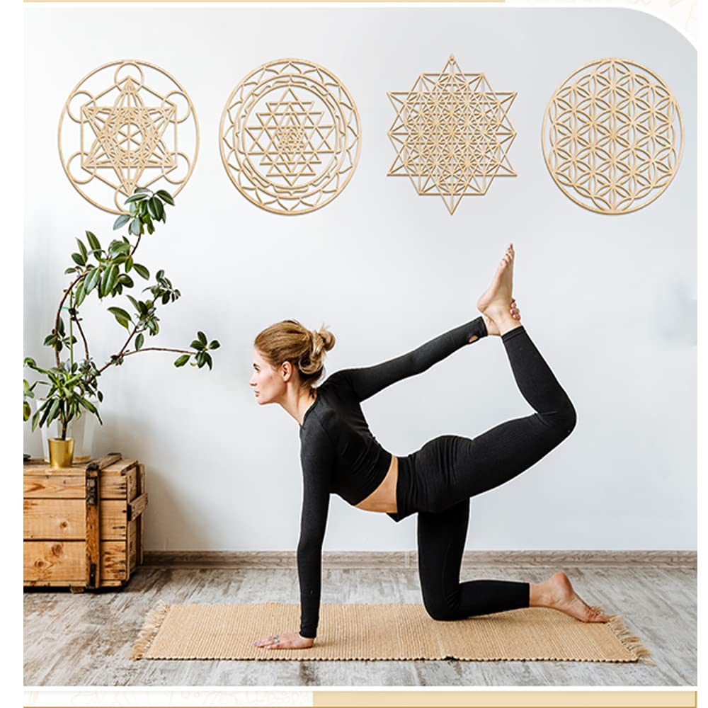 8Pcs DIY Fiore della Vita sottobicchieri in Legno, Mandala Sottobicchieri per Bevande, Geometria Sacra Scultura Wall Arte Dipinti Murali per Yoga Purificazione Meditazione Luminoterapia(14cm)