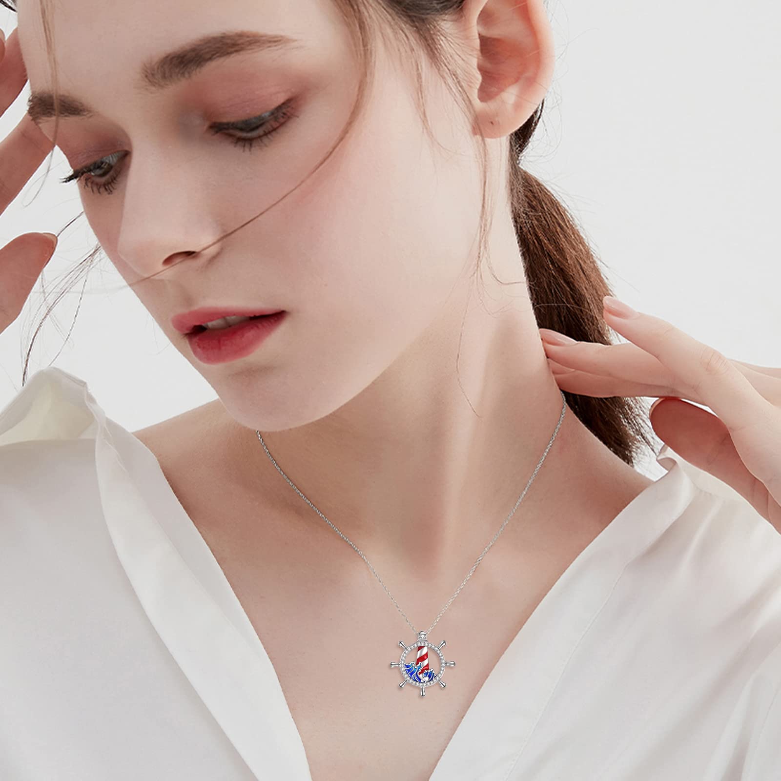 AXELUNA Collar con colgante de faro de plata de ley, collar de ola de mar, regalo para mujeres, hombres, amantes de la mamá