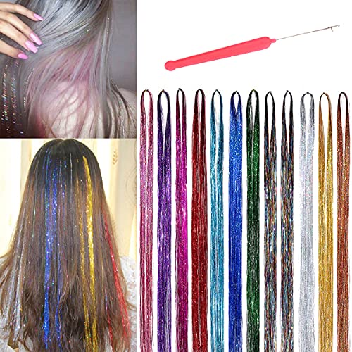 48â€Hair Tinsel 3000 Strands 12 Colors 12 Packs in Set -Sparkling & Shiny Hair Tinsel Extensions Colored Party Highlights Glitter Extensions Multi-Colors Hair Streak Bling Hairpieces (12mix)
