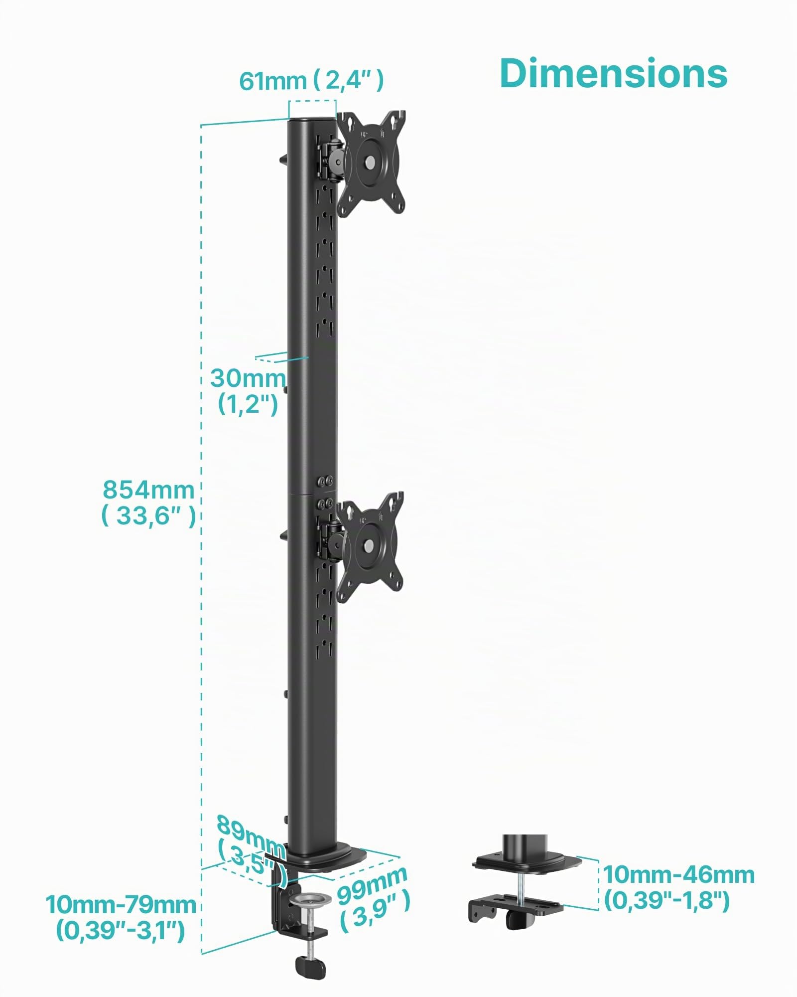 PEGZONE Support double écran pour écrans de 13–34 pouces, bras de moniteur vertical avec deux options de montage, support double réglable en hauteur, VESA 75x75/100x100 mm, jusqu'à 15 kg