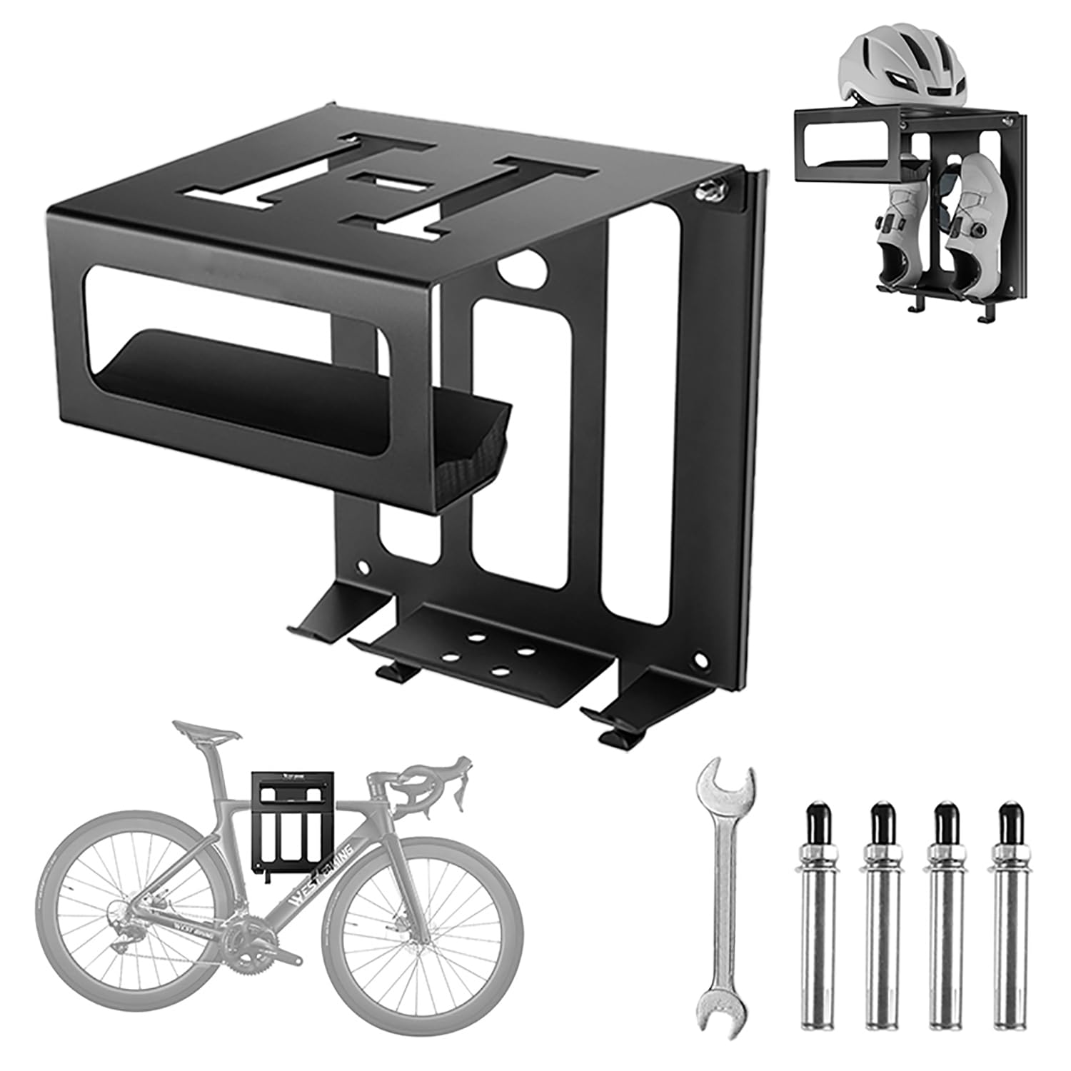 Scaffale per Montaggio A Parete per Bici con Ganci, Appendini per Bici Orizzontali da Interno, Portata di 25 kg, Supporti A Parete per Bici Salvaspazio, Portabici per Garage con Ripiano, per Riporre