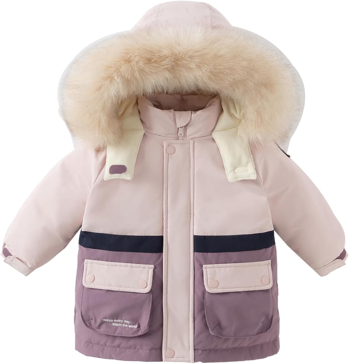 DAVE&BELLA Toddler Down Jackets with Fur Collar, Baby Boy Girl Thick Hooded Windbreaker Waterproof Outdoor Winter Coat Parka