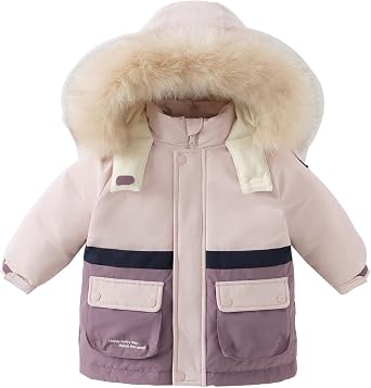 DAVE&BELLA Toddler Down Jackets with Fur Collar, Baby Boy Girl Thick Hooded Windbreaker Waterproof Outdoor Winter Coat Parka
