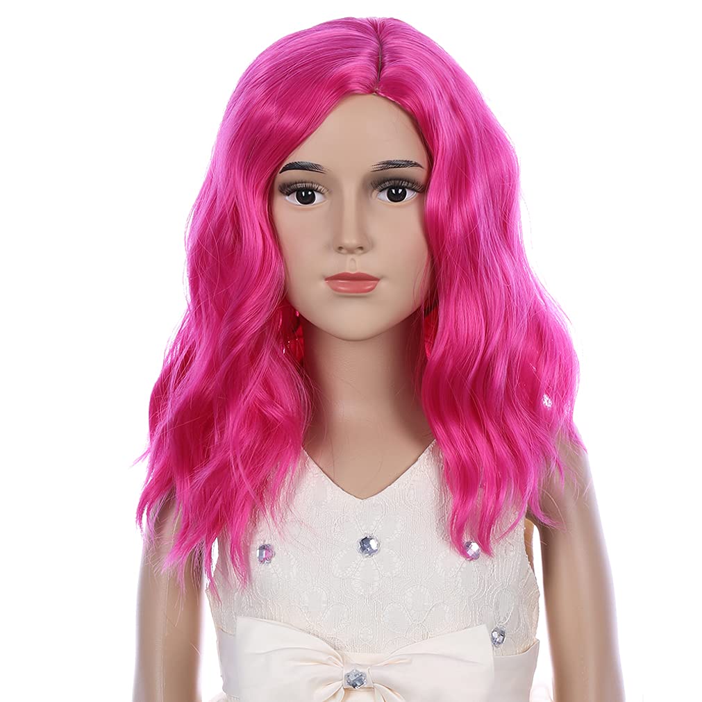 Hot Pink Wig Child Kids Wig Short Wavy Wig Hot Pink Wig for Girls Bright Pink Wig Heat Resistant Synthetic Kids Hot Pink Wig (Hot Pink)