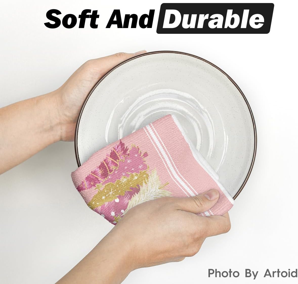 Artoid Mode Pink Xmas Tree Star Christmas Kitchen Towels Dish Towels, 18x26 Inch Farmhouse Snowflakes Decoration Cleaning Set of 2 - Image 5