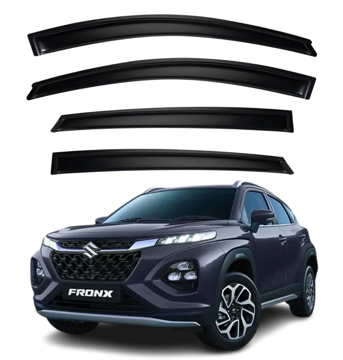 ShopClub Premium Smoke Car Door Visor Front+Rear Sun/Rain Guard Outside Mount Tape-On Window Visors Compatible with Suzuki FRONX (2025)