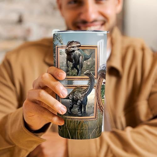 Miniatura 8 de Vaso de dinosaurio para amantes de los dinosaurios, vaso de doble pared con aislamiento al vacío, vaso de viaje de café de dinosaurio de 20 onzas,