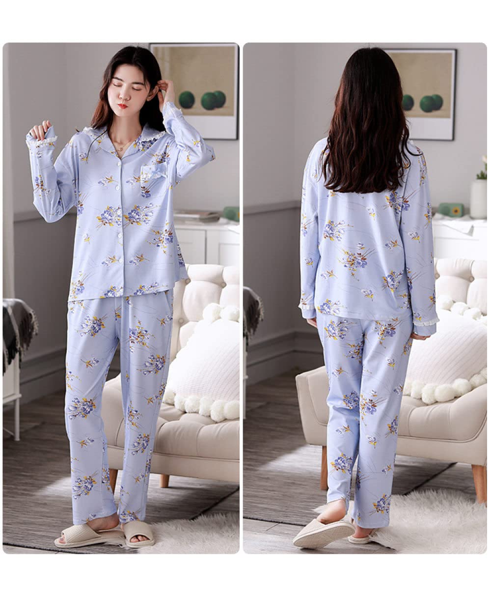 Sexy Schlafanzug Frauen,Damen Pyjama-Sets Hellblaues Modal Revers Gekräuselt Blumendruck Mode Kuschelig Warm Langarm Pjs Top & Unterteile Set Lounge Wear Nachtwäsche Weiche Faultier Nachtwäsche