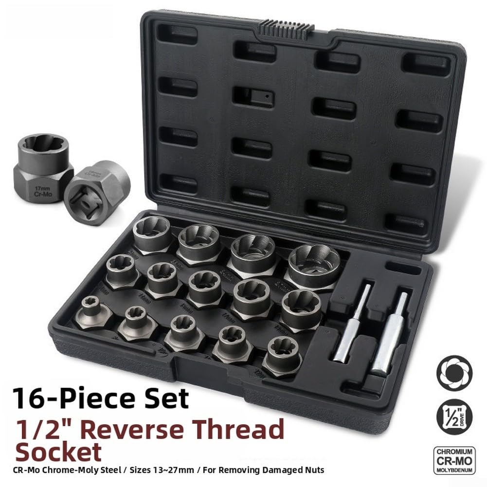 Set di estrattori per viti, rimozione dadi a spirale inversa per bulloni arrugginiti 6-27 mm, kit adattatore per punte da trapano in lega di cromo (16 pezzi)