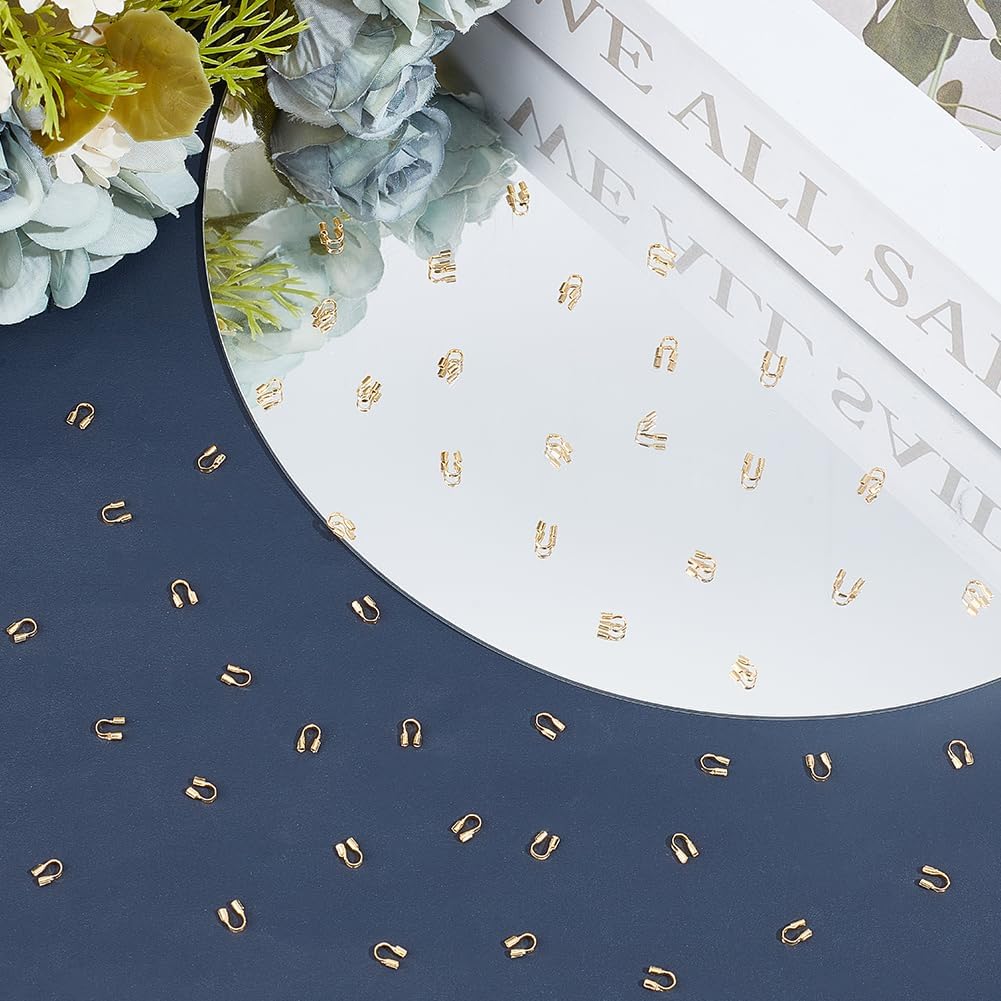 Beebeecraft 1 Box 300Pcs Wire Protectors 14K Gold Plated Brass U Shape Wire Guardian Loops Thread Protector for Jewellery Making Bracelet Necklaces(Hole: 1mm)