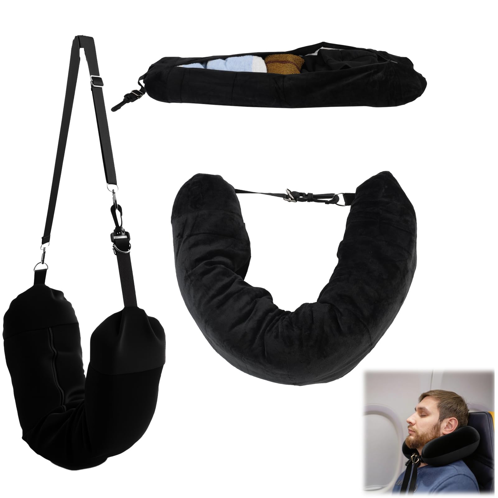 Godtkowty Black Stuffable Neck Pillow For Travel - 80 X 18.5 Cm Plush Travel Pillow With Adjustable Straps - Space-Saving Stuffable Travel Pillow For Clothes And Essentials - Perfect For Long Journeys, Flights, And C