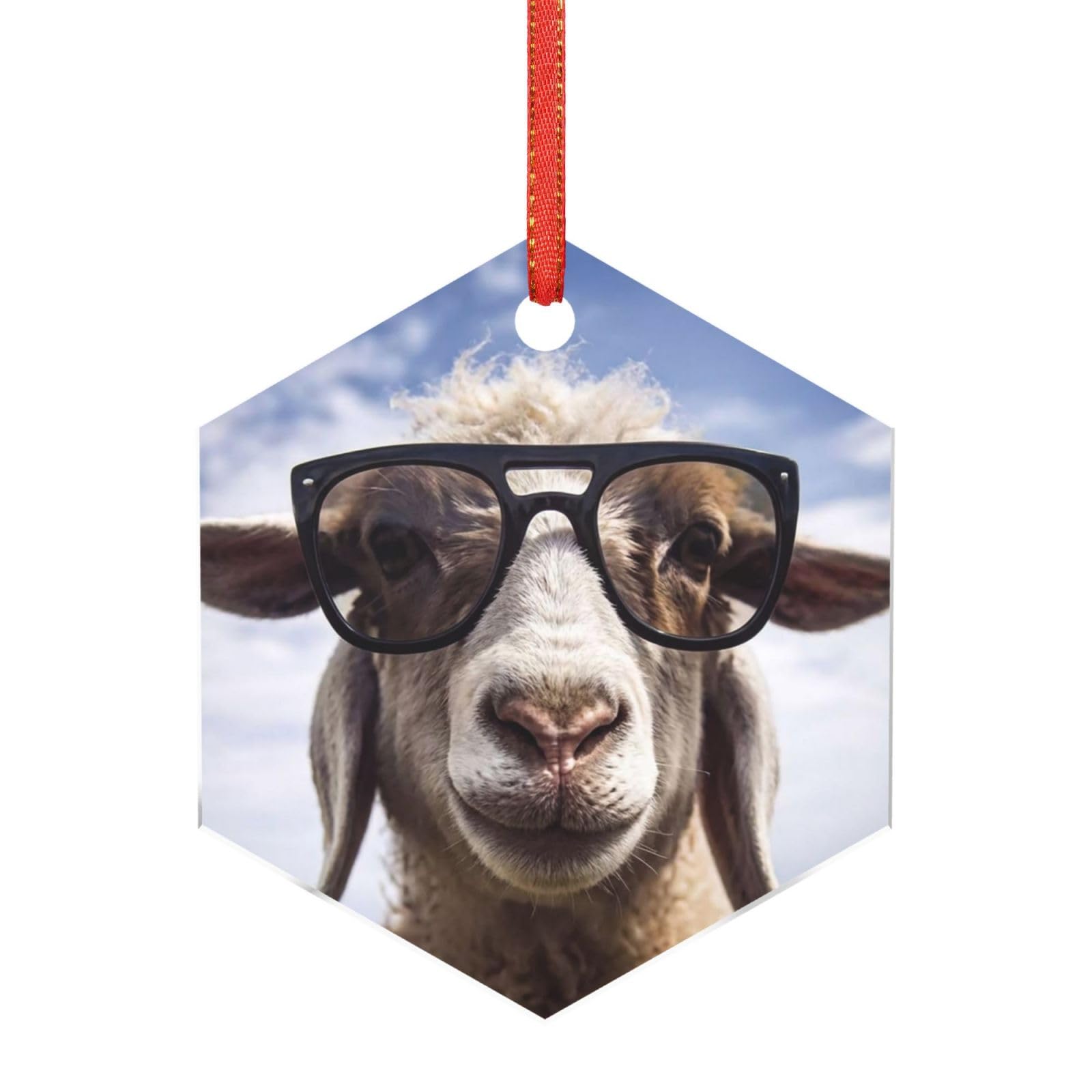 Hjkjkkj Hexagon Acrylic Ornament Christmas Tree Decoration Clear Round Pendant With Red Ribbon Sheep Wearing Glasses Christmas Ornaments Indoor Outdoor Hanging Acrylic Pendants For Xmas Party Decor