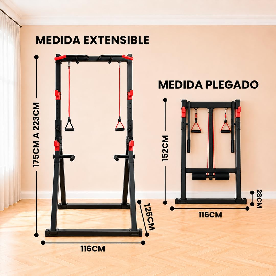 Maniboom Estación de Dominadas Plegable (200kg) - Rack Dominadas y Soporte para Barras Ajustable (175-225cm) - Pull Up Station Multifunción con Agarres para Fondos y Cuerdas TRX